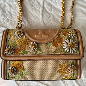 Tory Burch Fleming Embroidered Straw Convertible Shoulder Bag